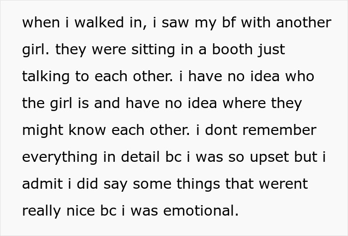 Text detailing the woman confronting her cheating ex and another girl in a booth, being emotional.