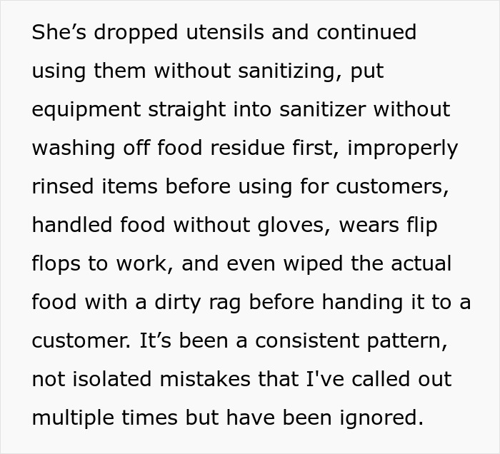 Details of a 17YO slacking off at work, including dropped utensils and improper sanitization. Details of a 17YO slacking off at work, including dropped utensils and improper sanitization.