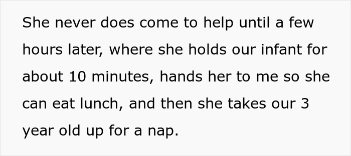 A man with cancer describes his postpartum wife's brief help with their infant before she takes a nap.