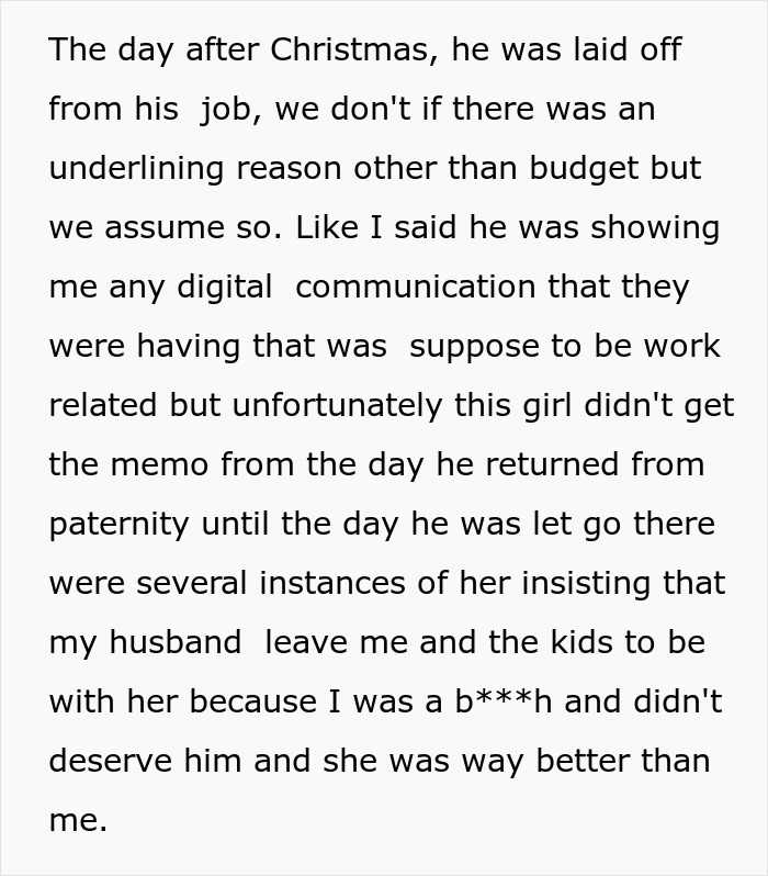 Text explaining a husband's layoff after Christmas, and the coworker's insistence he leave his pregnant wife. Text explaining a husband's layoff after Christmas, and the coworker's insistence he leave his pregnant wife.