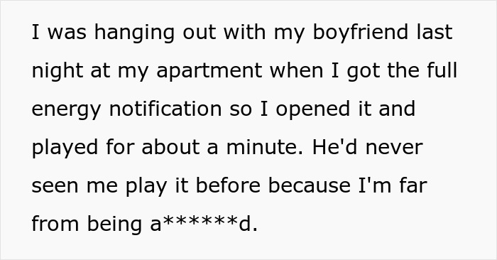 Text about a woman playing a phone app, leading to explanation of why the BF deleting her app hurt so much. Text about a woman playing a phone app, leading to explanation of why the BF deleting her app hurt so much.
