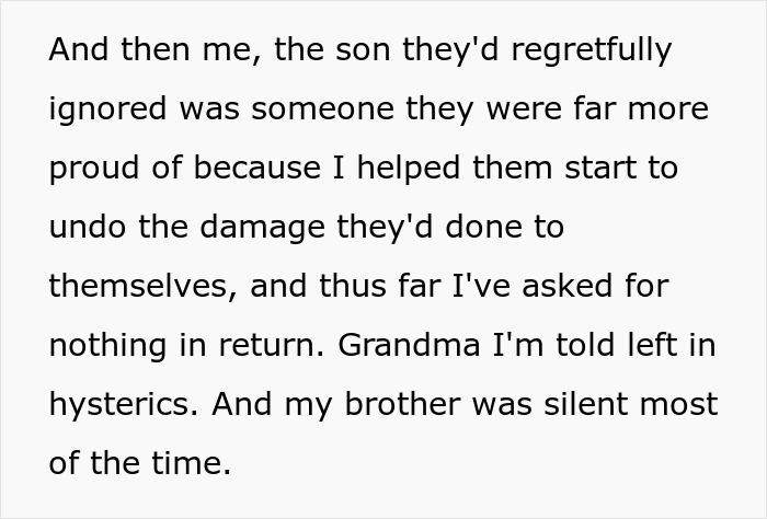 Entitled man plans to propose at brother's wedding, a screenshot of text detailing the family reaction and proud son.