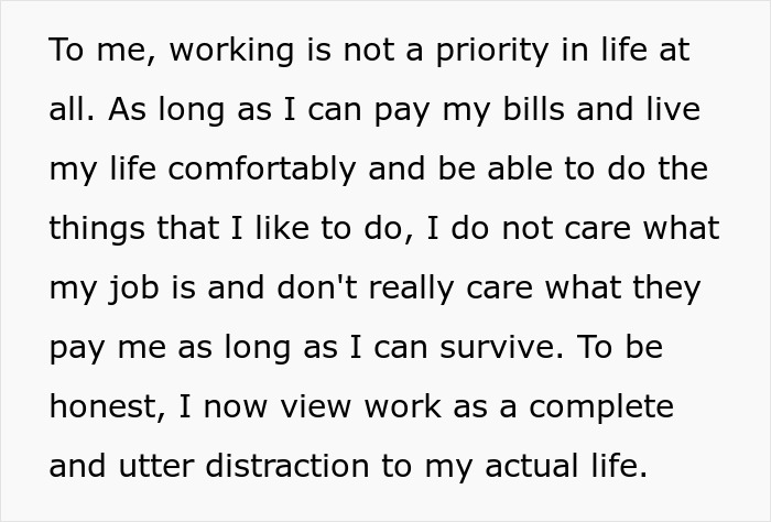 A woman views work as a distraction, valuing an easy job that allows her to live comfortably. A woman views work as a distraction, valuing an easy job that allows her to live comfortably.