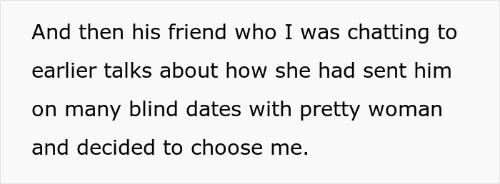 A friend discusses sending the woman’s husband on blind dates before he chose her, making situation worse. A friend discusses sending the woman’s husband on blind dates before he chose her, making situation worse.