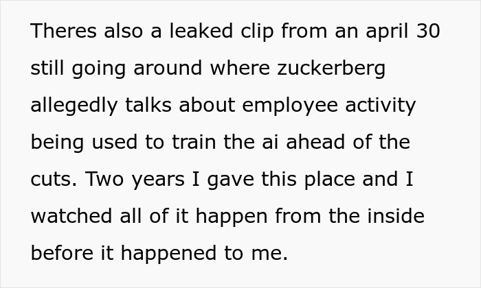 A screenshot of text about AI replacing teams, an ex-Meta worker and a leaked clip of Zuckerberg on AI training. A screenshot of text about AI replacing teams, an ex-Meta worker and a leaked clip of Zuckerberg on AI training.