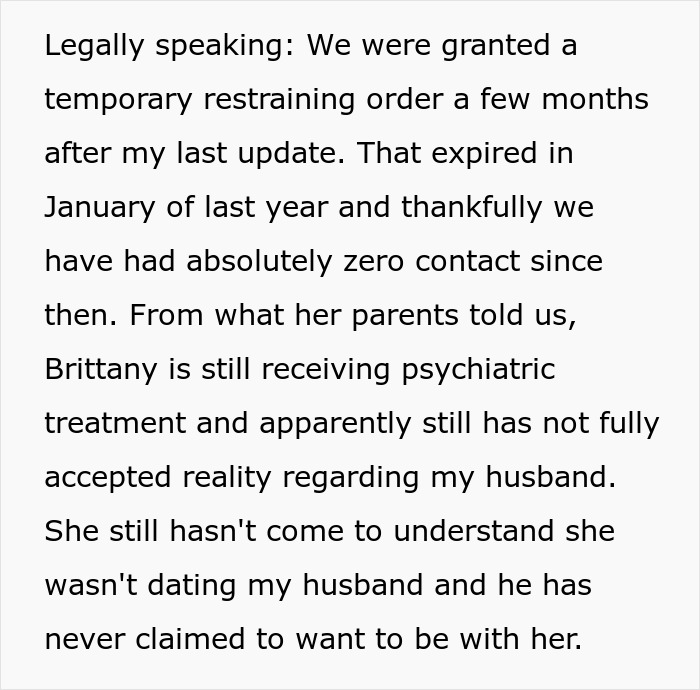 Text detailing a temporary restraining order against a woman with a scary fixation on a groom, and her ongoing treatment.