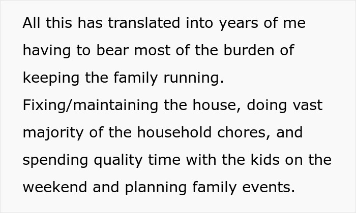 Text explaining years of a man bearing the burden of keeping the family running, maintaining the house, and doing chores.