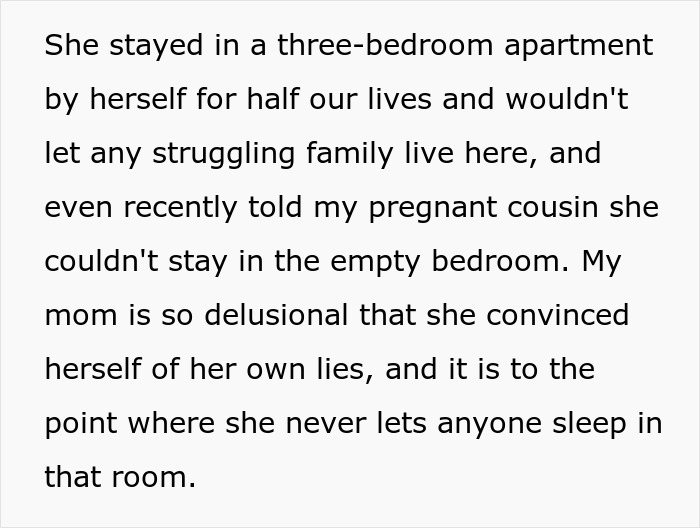 Text discussing a Narcissist Mom's delusional behavior, denying her daughter and other family members a place to stay. Text discussing a Narcissist Mom's delusional behavior, denying her daughter and other family members a place to stay.