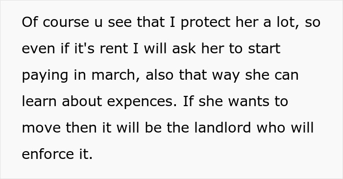 Text about a woman protecting her nanny but planning to ask her to pay rent in March, to teach her about expenses.
