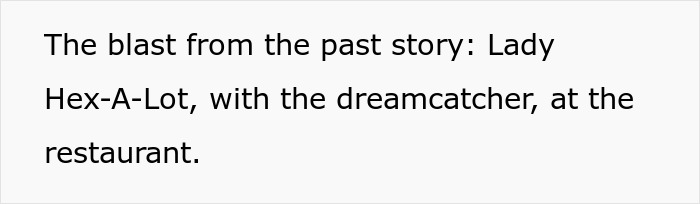 Text describing a blast from the past story featuring Lady Hex-A-Lot at a restaurant, connected to the Crazy MIL.