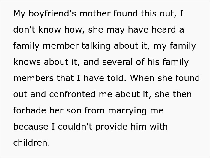 Screenshot of text explaining that the future mother-in-law forbade her son from marrying a woman because she couldn't have children.