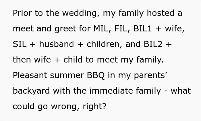 Text snippet about a meet and greet for the groom's wedding family, including in-laws. Something went wrong.