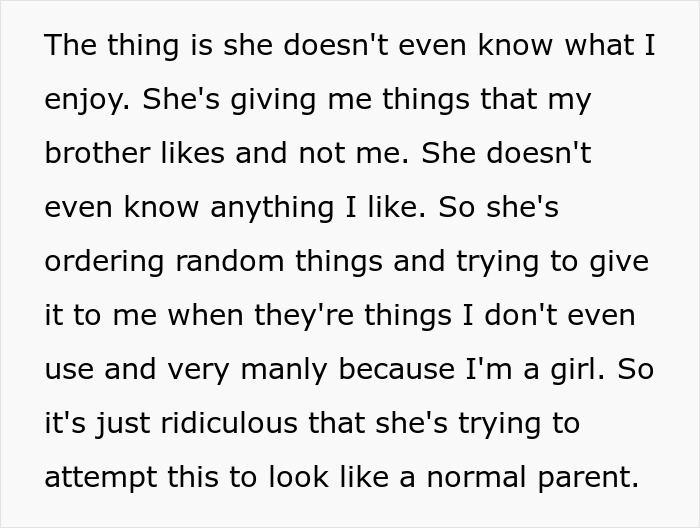 Text detailing how a Narcissist Mom's gifts are unsuitable, highlighting her lack of understanding after attacking her daughter. Text detailing how a Narcissist Mom's gifts are unsuitable, highlighting her lack of understanding after attacking her daughter.