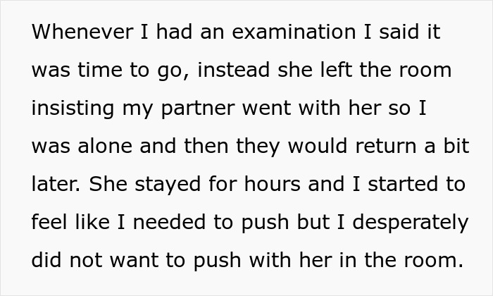 Text snippet: new mom feels betrayed, MIL forces her way into delivery room, husband doesnt stop her. Text snippet: new mom feels betrayed, MIL forces her way into delivery room, husband doesnt stop her.