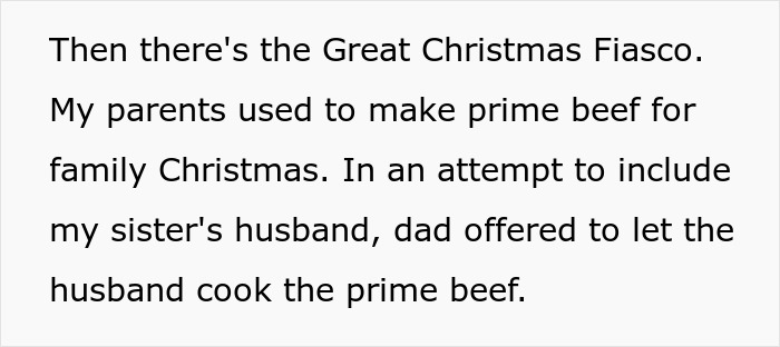 Text about a Christmas fiasco involving a sibling's husband cooking, impacting the wedding situation.