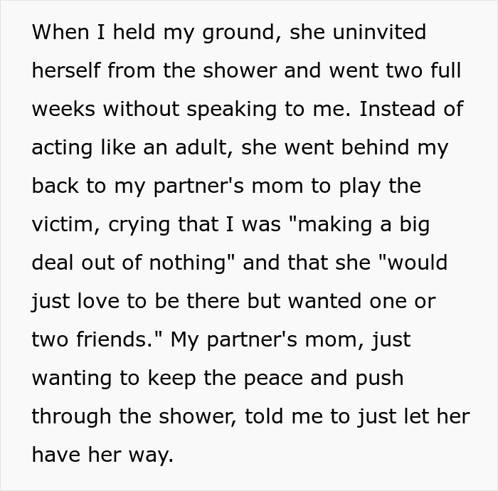 Screenshot: A daughter describes her delusional mom's victim-playing after being uninvited, preceding threats to sue. Screenshot: A daughter describes her delusional mom's victim-playing after being uninvited, preceding threats to sue.