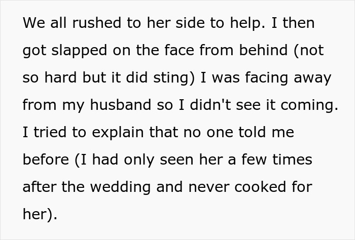 Text describing the accidental serving of peanuts to an allergic SIL and the husband's violent reaction. Text describing the accidental serving of peanuts to an allergic SIL and the husband's violent reaction.