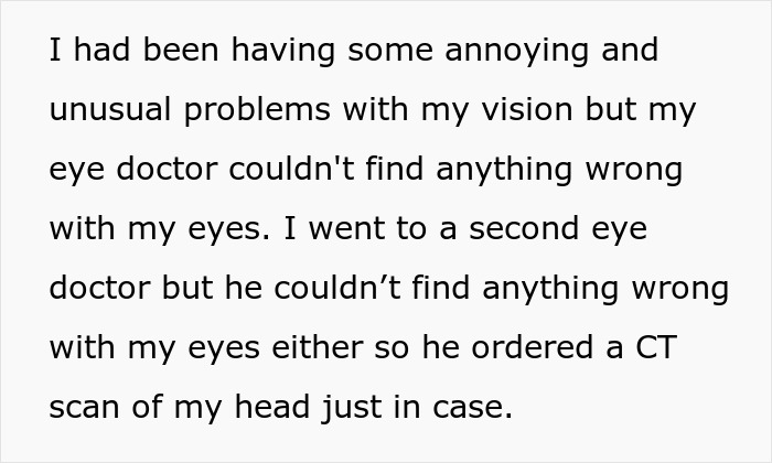 Text explaining vision problems that led to discovering a brain tumor after multiple doctor visits.