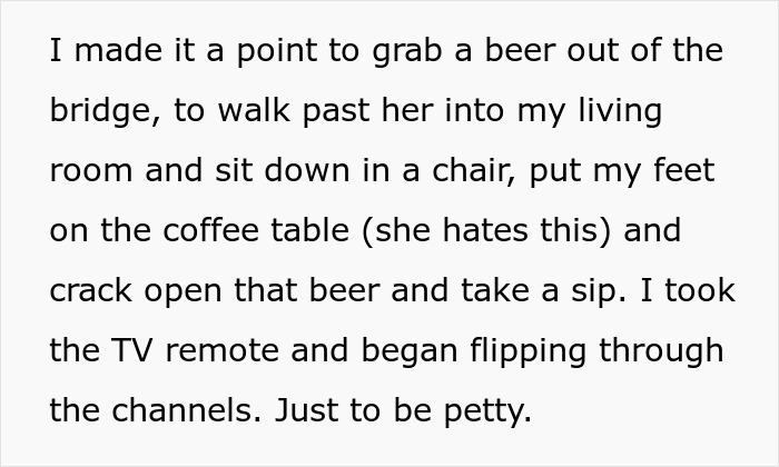Text describing DIL's deliberate actions to annoy her MIL while waiting for the cops to evict her.