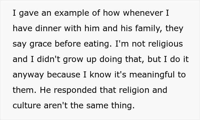 Text detailing how a boyfriend responded that religion and culture aren't the same thing when asked to respect chopstick etiquette. Text detailing how a boyfriend responded that religion and culture aren't the same thing when asked to respect chopstick etiquette.