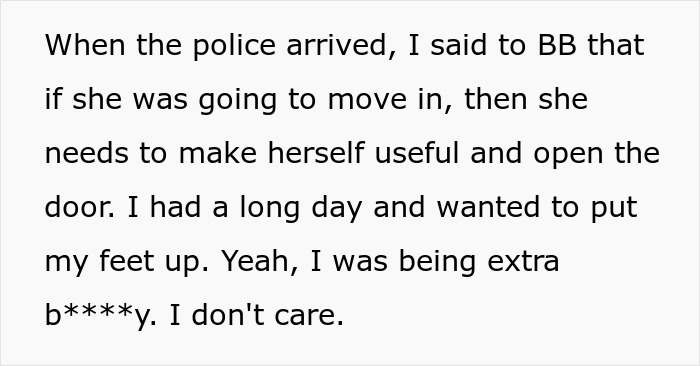 Text showing DIL's sarcastic response to MIL when the police arrived for the eviction.