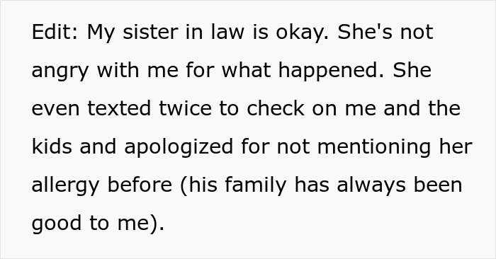 SIL is okay after peanut allergy, apologizes for not mentioning, unlike husband's violent reaction. SIL is okay after peanut allergy, apologizes for not mentioning, unlike husband's violent reaction.