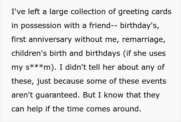 A husband plans to spring huge and sad news to wife by leaving a collection of greeting cards with a friend. A husband plans to spring huge and sad news to wife by leaving a collection of greeting cards with a friend.