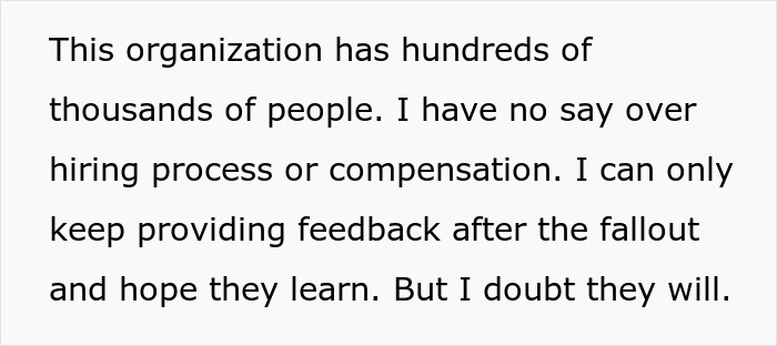 A screenshot showing text from a software engineer about a hiring scam, giving feedback despite not having control.