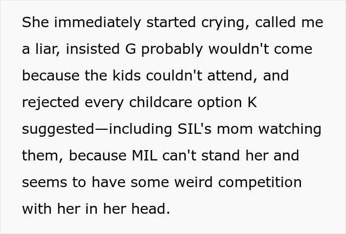 Text detailing MIL's crying, calling names, and rejecting childcare options for the childfree wedding. Text detailing MIL's crying, calling names, and rejecting childcare options for the childfree wedding.