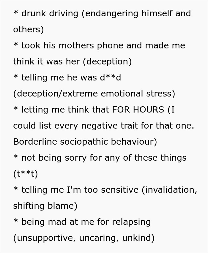 A list detailing reasons for a breakup, including a boyfriend's cruel prank and blaming his girlfriend's reaction. A list detailing reasons for a breakup, including a boyfriend's cruel prank and blaming his girlfriend's reaction.