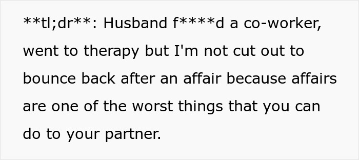 A screenshot of a Reddit post summary discussing a husband's affair with a coworker. A screenshot of a Reddit post summary discussing a husband's affair with a coworker.