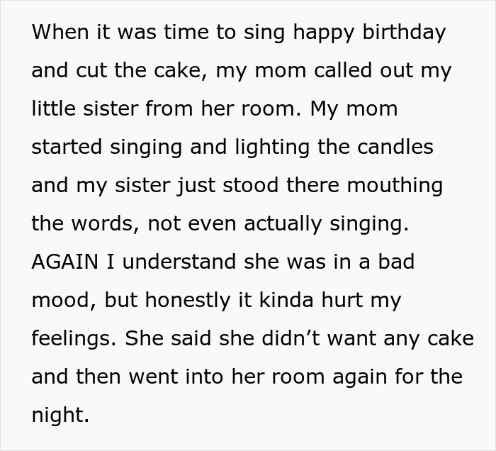 A screenshot of a text detailing a woman's birthday dinner and her teen sister's behavior during the celebration.
