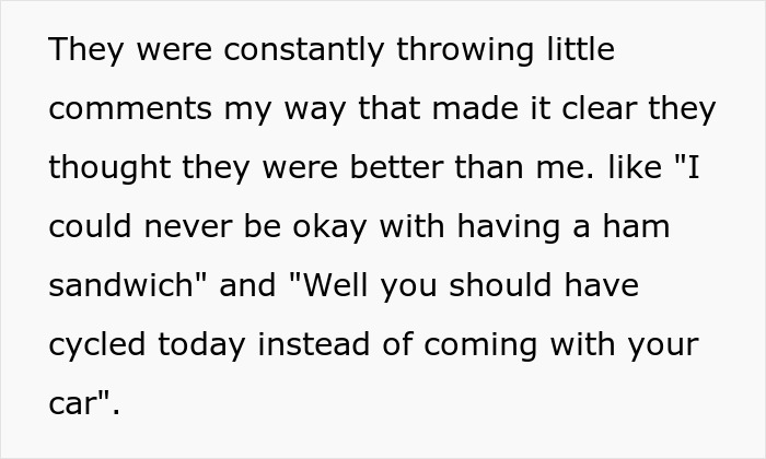 Screenshot of text about mean teammates making passive-aggressive comments, like judging ham sandwiches or car use. Screenshot of text about mean teammates making passive-aggressive comments, like judging ham sandwiches or car use.