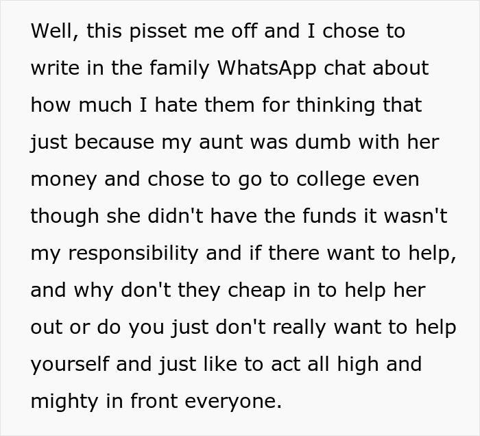 Man Thinks: Man writes in family chat, expressing anger about family expecting him to help his aunt. Man Thinks: Man writes in family chat, expressing anger about family expecting him to help his aunt.