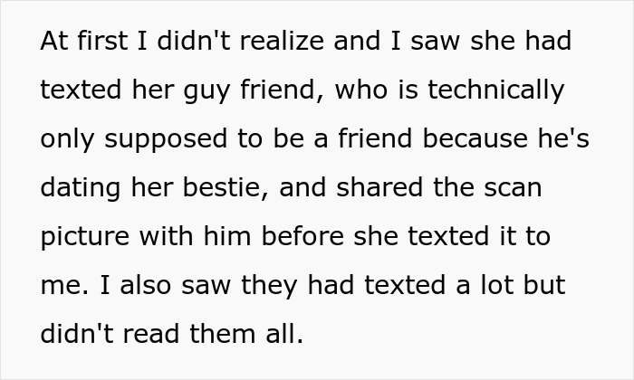 Screenshot of text describing a wife texting her guy friend. This text is about a guy seeing something suspicious on his wife's phone.