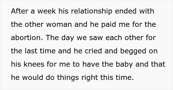 A screenshot showing text about a boyfriend paying for a fake abortion after secretly dating another woman. A screenshot showing text about a boyfriend paying for a fake abortion after secretly dating another woman.