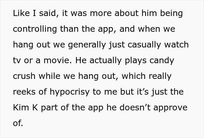 Screenshot of text explaining why boyfriend deleting phone app hurt, detailing his hypocrisy. Screenshot of text explaining why boyfriend deleting phone app hurt, detailing his hypocrisy.