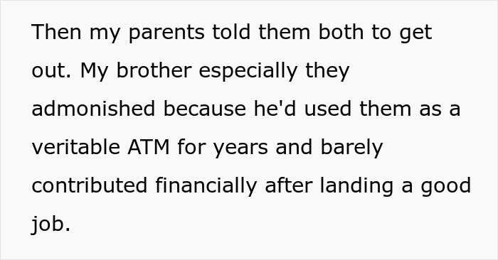 Entitled man plans to propose at brother's wedding, a screenshot of text about parents telling them to leave.