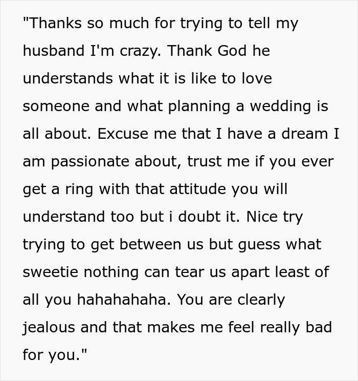 A screenshot of a message from the bride, defensively talking about her wedding dreams and passion.