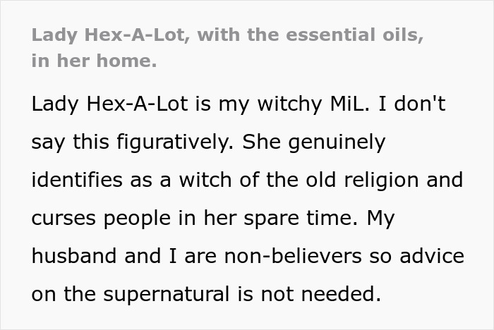 Screenshot of text describing a witchy MIL who uses essential oils for witching and curses.