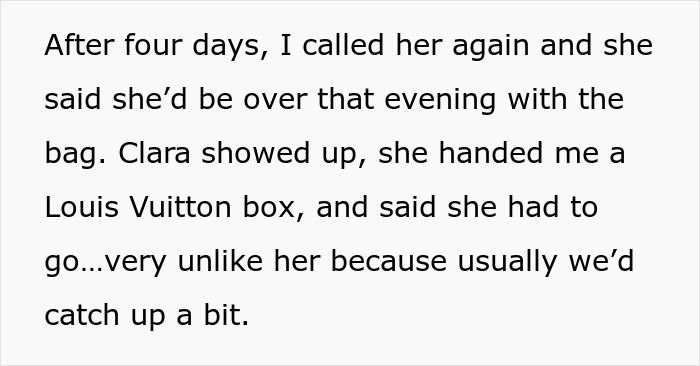 Woman receives a Louis Vuitton box with her designer bag, from a hurried best friend. Woman receives a Louis Vuitton box with her designer bag, from a hurried best friend.