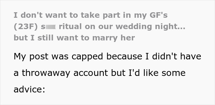 A Reddit post about a shocked groom's dilemma regarding his wedding night bed sheet expectations from his bride's family.