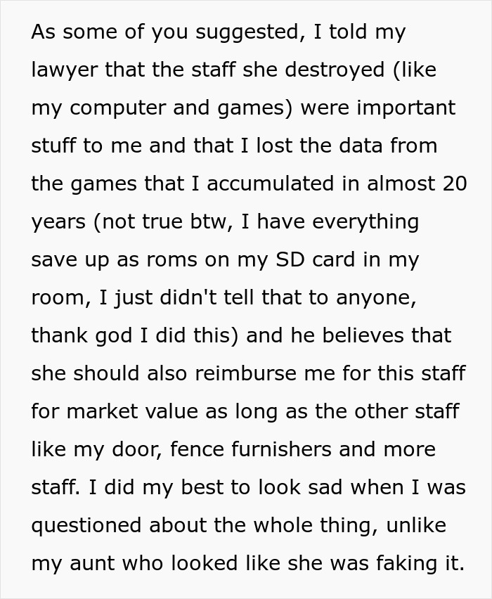 Text snippet describing the nephew's report to his lawyer about the valuable items his aunt destroyed. Text snippet describing the nephew's report to his lawyer about the valuable items his aunt destroyed.