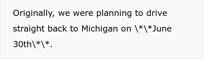 Text mentioning a planned drive back to Michigan, hinting at changes due to the sister's reaction and family drama. Text mentioning a planned drive back to Michigan, hinting at changes due to the sister's reaction and family drama.
