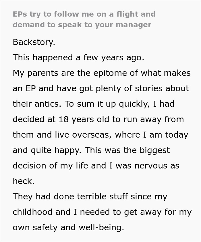 Screenshot of text about toxic parents trying to stop their 18YO daughter from leaving the country, and airport security. Screenshot of text about toxic parents trying to stop their 18YO daughter from leaving the country, and airport security.