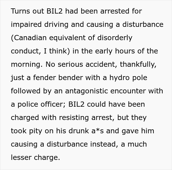 Text detailing the brother's arrest for impaired driving, a situation impacting the wedding day.