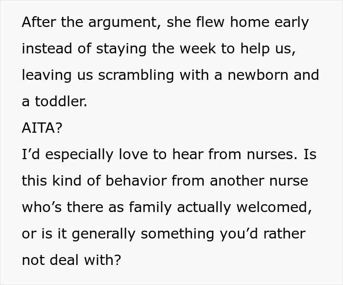 A screenshot showing text where DIL asks if Mom's nurse mode behavior during delivery is welcomed, after Mom left early.