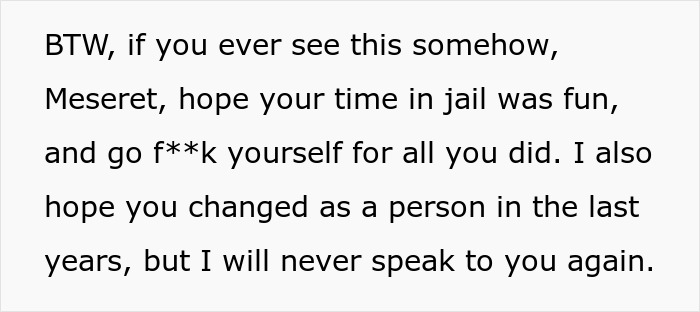 A screenshot of a text message where a man speaks about his aunt Meseret, wishing her time in jail was fun. A screenshot of a text message where a man speaks about his aunt Meseret, wishing her time in jail was fun.