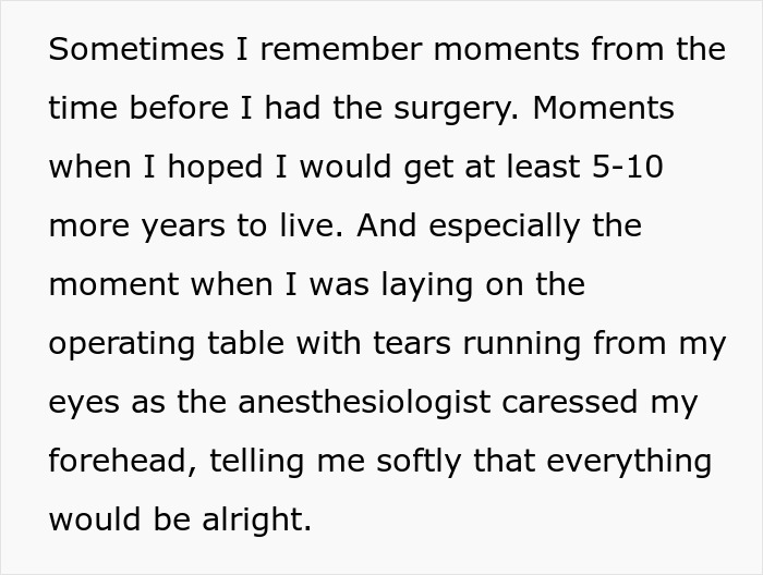 A person recalling moments before brain tumor surgery, hoping for more years, with tears on the operating table.