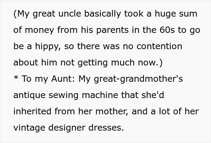 Great-grandma's will grants antique sewing machine and vintage dresses to aunt, continuing the family legacy beyond the grave. Great-grandma's will grants antique sewing machine and vintage dresses to aunt, continuing the family legacy beyond the grave.